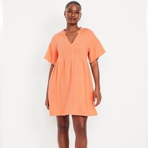 Old Navy Peach Orange Split Neck Crinkle Gauze Swing Mini Dress NWT Small